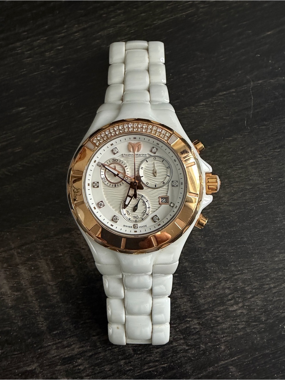Technomarine White Ceramic Watch with Rose Gold Bezel and Crystal Accents